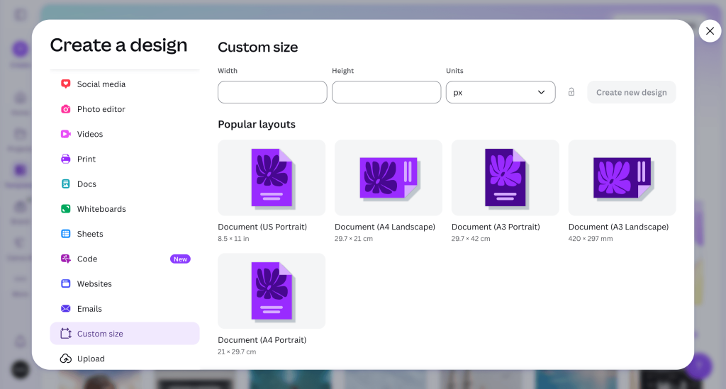 Canva tutorial for beginners: choose size